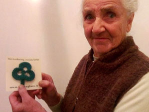 Phyllis Flanagan with one of her crocheted shamrocks